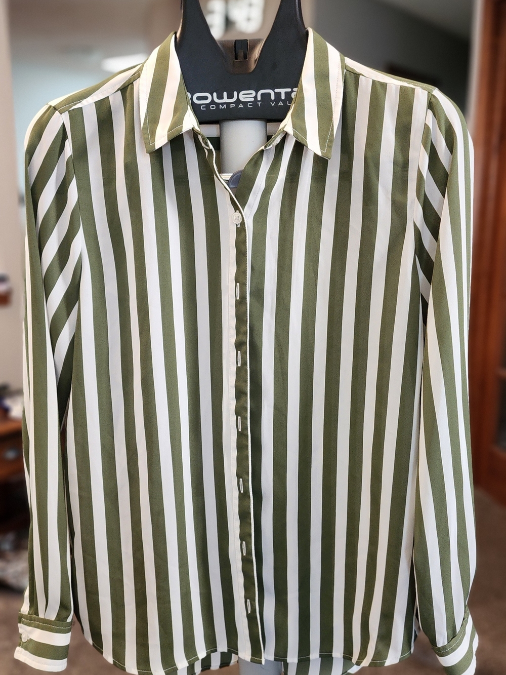 Olive & White Stripe Button-Down Blouse - Women's